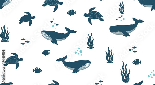 Blue Whales and Sea Turtles Illustration.