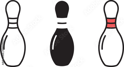 Bowling pin icons set outline solid and colored for sports game recreation vector