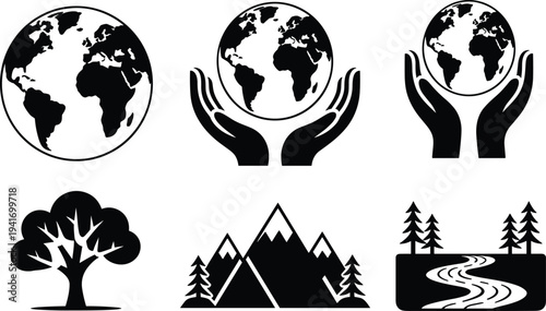 Black silhouette icons of Earth globe hands holding world tree mountain and river nature symbols isolated on white background for environmental conservation and ecology design