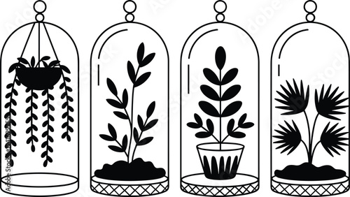 Vector line art collection of indoor house plants in glass terrarium cloches and bell jars isolated on white background for home garden decor design