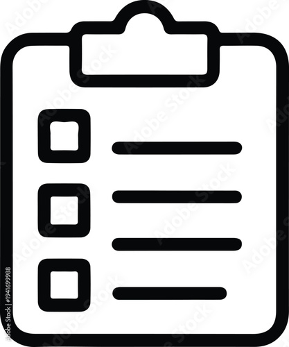 Checklist clipboard icon task list outline, Minimal outline illustration of a clipboard with checklist, representing tasks, to-do lists, organization, and productivity in a clean modern icon style.