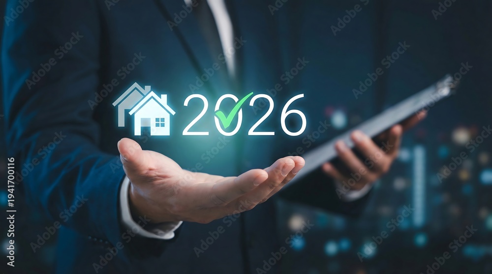 Obraz premium A businessman presents a glowing holographic icon with houses and the year 2026 checkmark, symbolizing future real estate investment success.