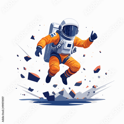 Astronaut in Zero Gravity, Floating and Giving a Thumbs Up with Debris Around