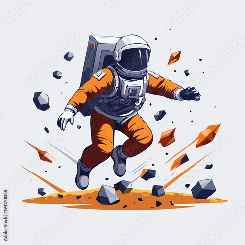 Dynamic Astronaut Figure Navigating Through a Swirl of Cosmic Debris and Planetary Fragments