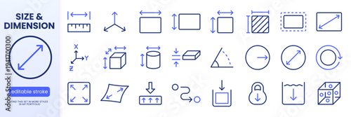 Measurement and dimension line icon set. Ruler, 3D axis, width, height, diameter minimal vector illustrations. Simple outline signs for geometry size tools. Blue duotone color. Editable Stroke