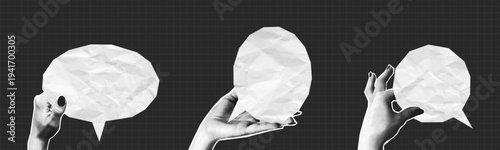 Collage halftone hands holding speech bubbles made from crumpled paper texture. People give speech bubble cut out from crumpled paper in hand. Collage design. Vector.