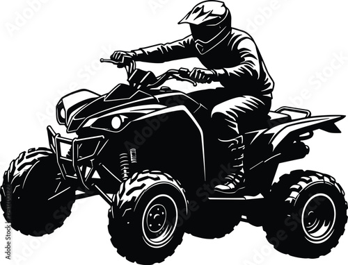 Off road ATV rider driving quad bike on rugged terrain extreme motorsport adventure silhouette vector illustration isolated background dynamic action