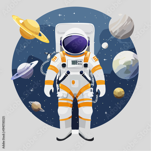 Astronaut in outer space surrounded by planets and stars