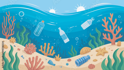 An illustration of ocean pollution with plastic bottles and coral reef