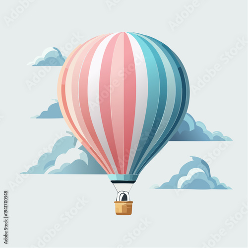 A beautifully illustrated hot air balloon floats serenely amidst a backdrop of soft, white clouds against a pale blue sky