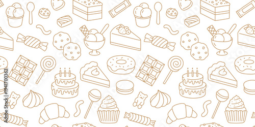 Seamless pattern with hand drawn sweet food doodles. Delicious bakery and dessert background with cake, ice cream, donut, chocolate, cupcake, cookie, candy line art for textile, menu design.