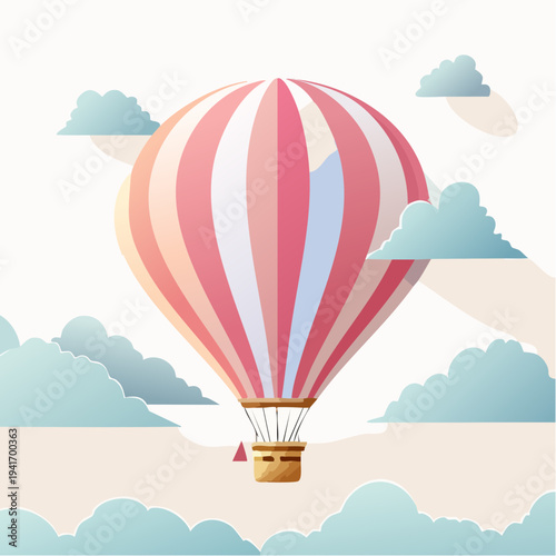 Whimsical hot air balloon journey in pastel skies, an enchanting ascent towards dreamlike cloudscapes