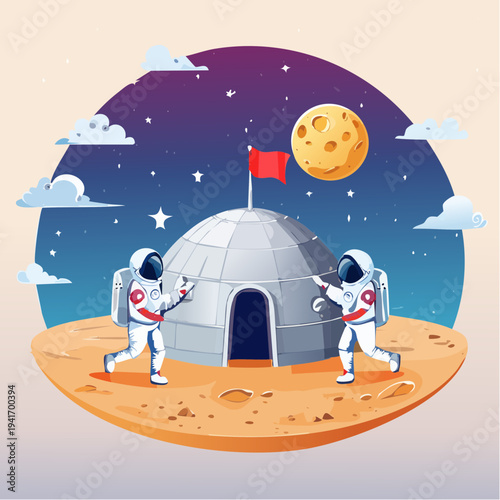 Astronauts planting a flag on a distant planet, establishing a new base with a dome and moon in the sky