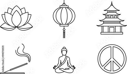 Black and white line drawing of various buddhist and peaceful symbols