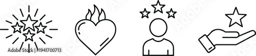 Recognition and Appreciation Line Icon Set Featuring Star Reward, Passion Heart, Top Performer Rating, and Support Hand