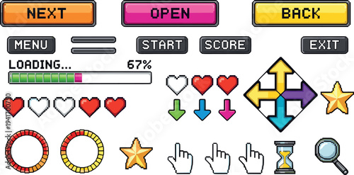 Pixel Game UI Elements Set Featuring Buttons, Hearts, Progress Bar, Arrows, Stars, Cursor Hands, Hourglass, and Icons
