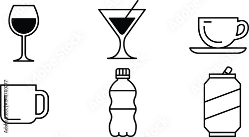 Drink and beverage outline icon set with wine glass, cocktail, coffee cup, beer mug, water bottle and soda can, minimal vector collection for café and bar design.