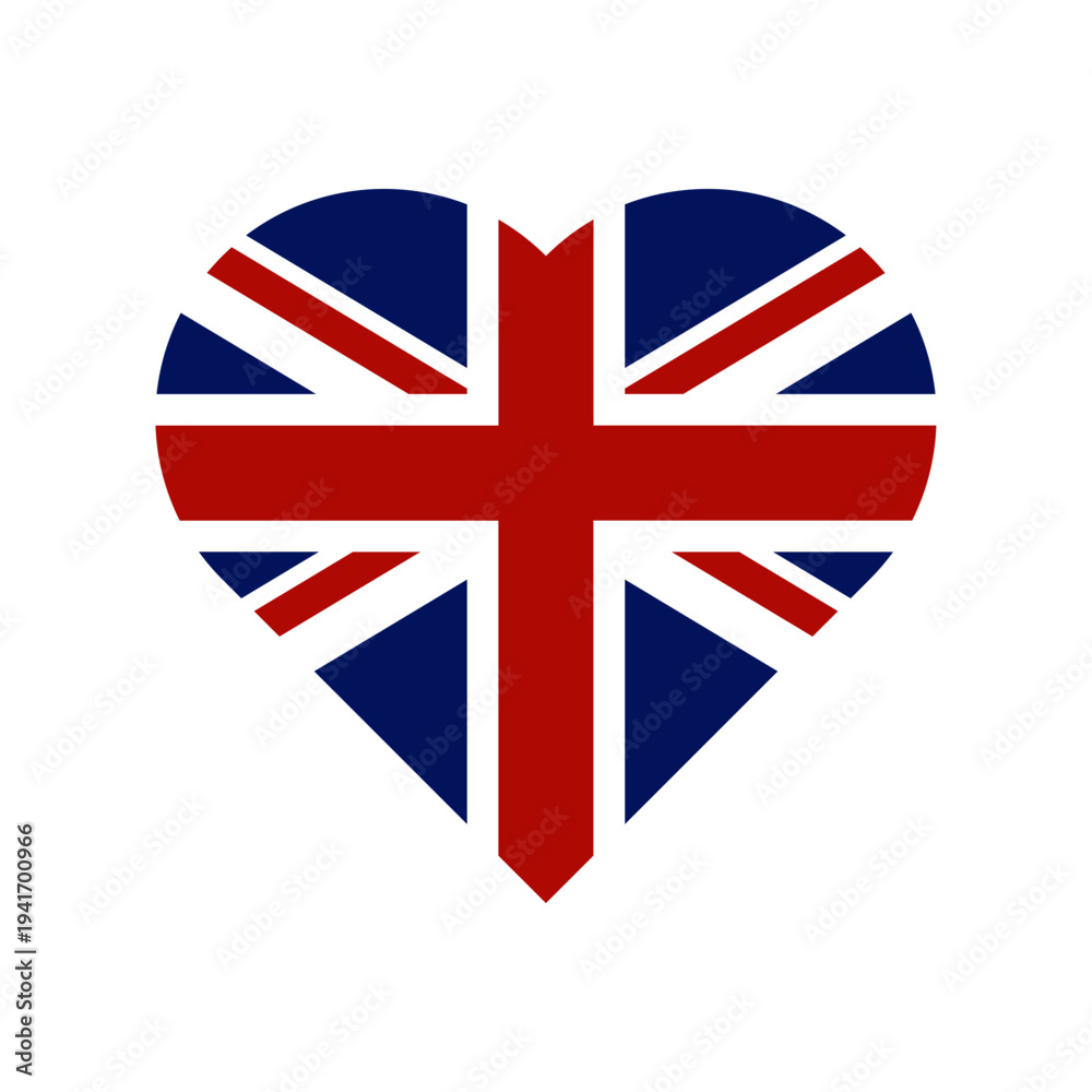 Obraz premium A heart with the American flag on Heart shaped UK flag isolated on white background, Flag of the UK Pro Vector