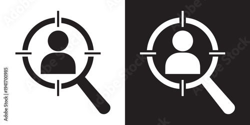 Individual target person icon with a single avatar inside a magnifying glass and scope. Symbolizes personalized marketing, candidate headhunting, user profiling, and specific client focus.