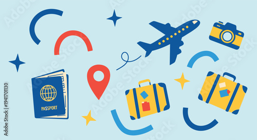 Travel icons scattered on light blue background flat illustration for web design and advertising banners