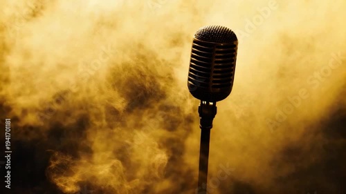 A vintage microphone stands tall against a hazy golden backdrop, ready for a performance