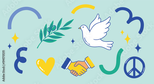 Peace symbols with dove olive branch handshake and heart on blue background flat illustration for global harmony and social issues