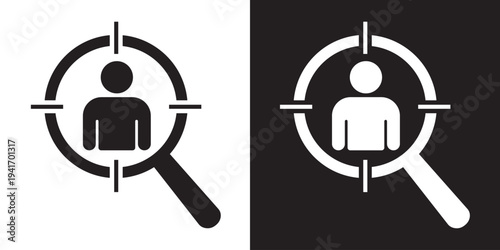 Individual target person icon with a single avatar inside a magnifying glass and scope. Symbolizes personalized marketing, candidate headhunting, user profiling, and specific client focus.