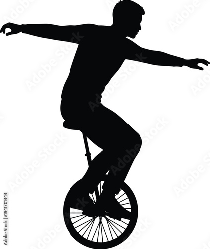 Unicycle rider silhouette balancing with arms extended isolated on white background circus performer sport balance skill vector illustration