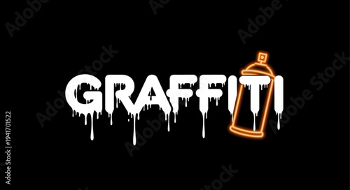 Graffiti art with dripping paint and spray can illustration on black background.