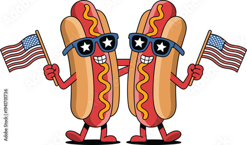 Funny hot dog cartoon mascots wearing star sunglasses and holding American flags, patriotic fast food character vector illustration for USA celebration and festival design.