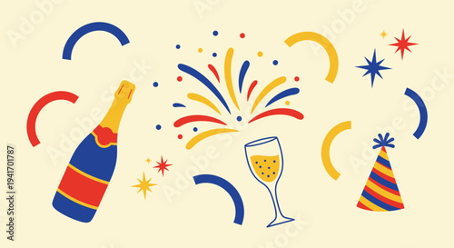 Celebration elements party supplies festive confetti and arcs on light background flat graphic design for events and happy occasions