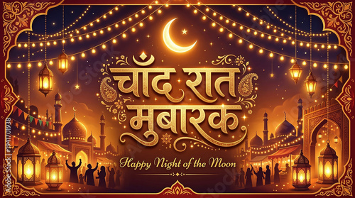 Night of the Moon: A vibrant and captivating illustration depicts the spirit of celebration under the enchanting night sky, illuminating the scene with a crescent moon.