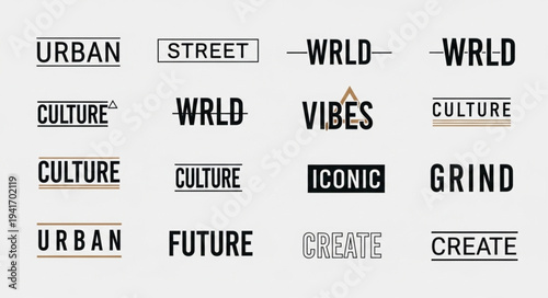 Urban culture and street style typography collection featuring words like Urban, Street, Culture, World, Vibes, Iconic, Grind, Create, and Future in a modern de