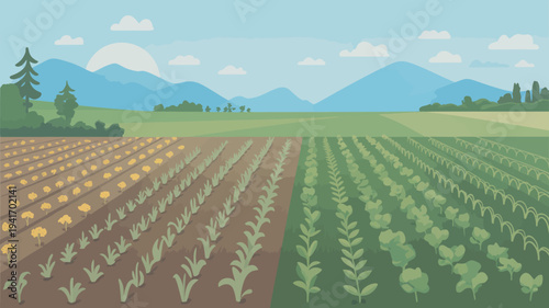 A serene landscape of a farm field with crops growing in the mountains
