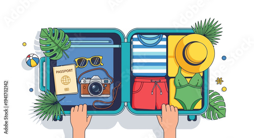 Travel essentials packed in stylish luggage for summer vacation