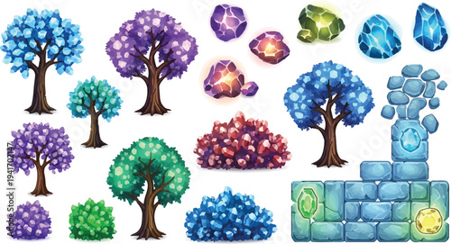 Set of Fantasy Game Assets Vector with Glowing Trees, Bushes, and Gemstones isolated PNG with Transparent Background