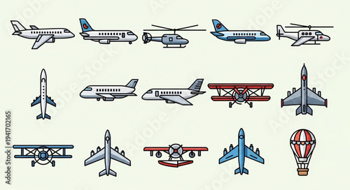 Collection of Various Aircraft Designs and Transportation Icons.