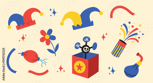 April Fools Day prank and party elements with festive props in a cheerful flat design for event invitations and greeting cards