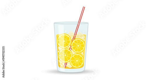 Refreshing glass of lemonade with ice and straw