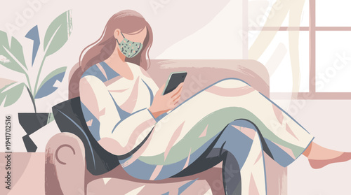 Young woman wearing mask sitting on a sofa while using smartphone  