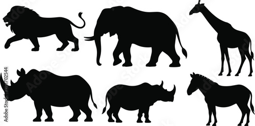 Collection of African safari animal silhouettes including lions elephants giraffes and rhinos for savanna wildlife nature designs