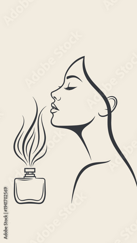 Woman inhaling fragrance from perfume bottle in minimalist style  