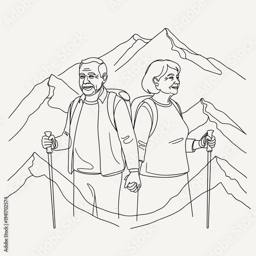Elderly couple hiking together in mountains with trekking poles  