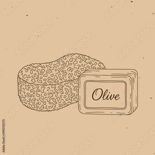 Natural sponge alongside bar of olive soap in vintage style  