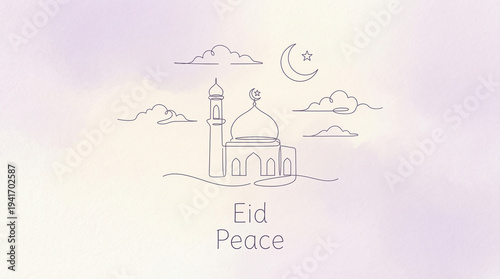 Eid Peace: A serene line illustration of a mosque and crescent moon, conveying peace during Eid with a soft pastel backdrop. 