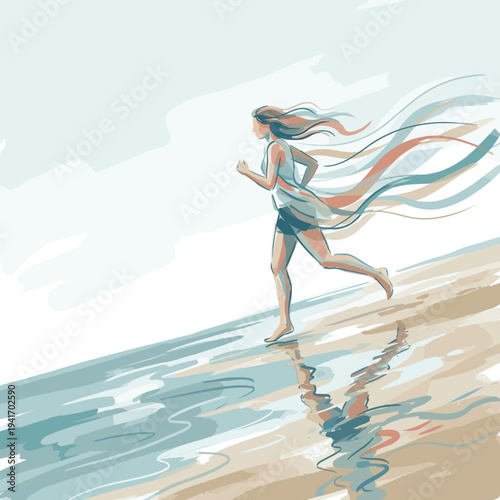 Young woman jogging barefoot along the beach with flowing hair  
