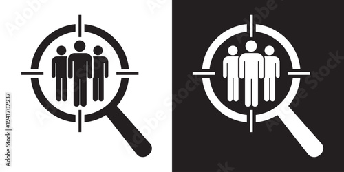 Target audience focus icon featuring three human silhouettes inside a magnifying glass with crosshairs. Represents recruitment, market research, and specialized lead generation strategies.