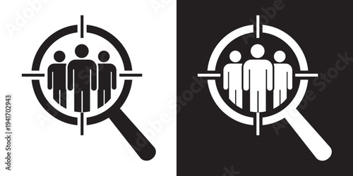 Target audience focus icon featuring three human silhouettes inside a magnifying glass with crosshairs. Represents recruitment, market research, and specialized lead generation strategies.