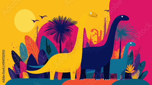Colorful Dinosaurs Roam a Vibrant, Stylized Jungle Landscape