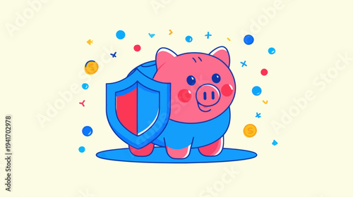 Cute piggy bank with shield symbolizing financial security